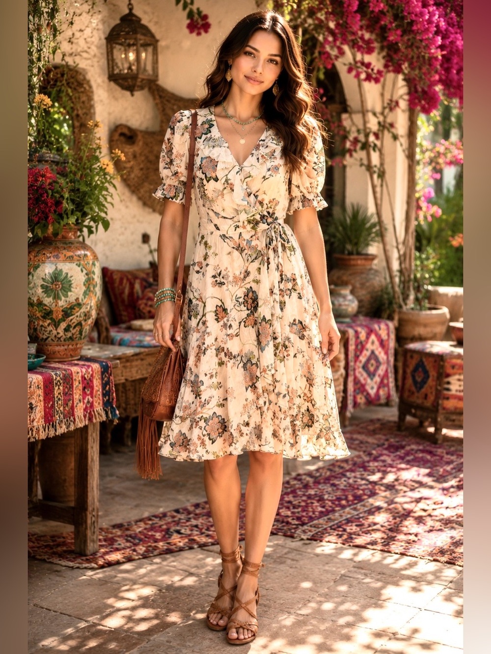 Icons Wrap Dress Size S Small Floral Print Ruffle-Trim Elastic Waist